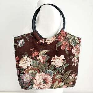 Floral Tapestry Tote Bag with Black Handles - Brown Floral